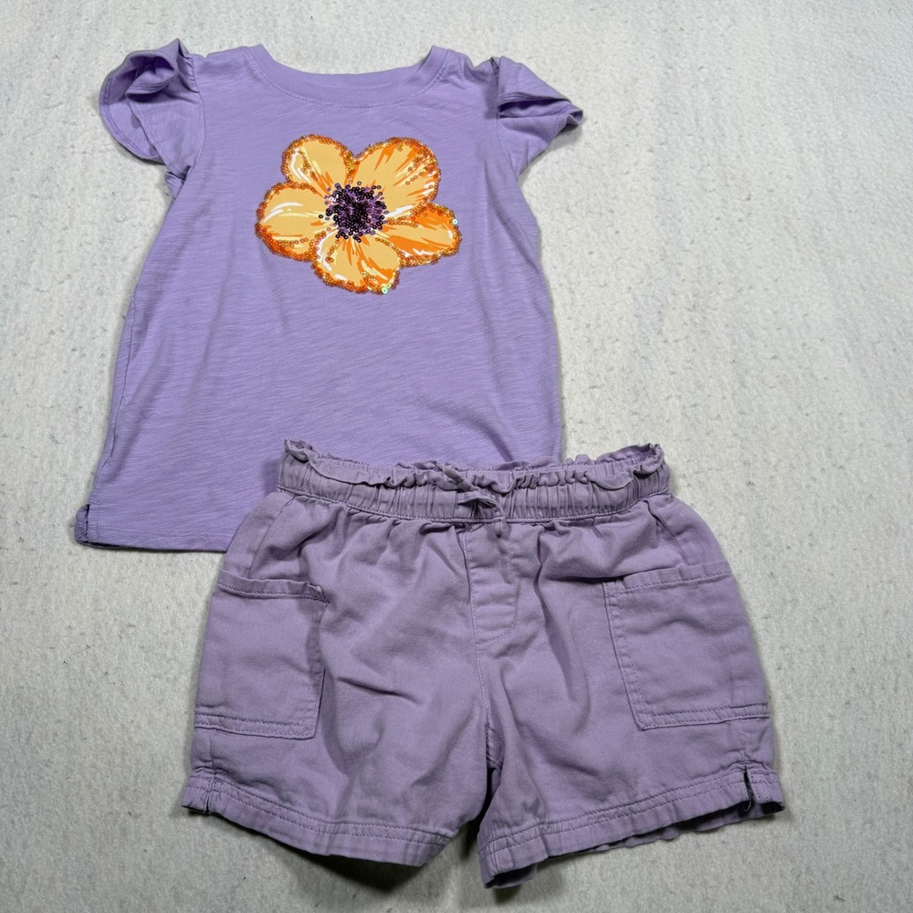 Jumping Beans Girls Purple Sequin Flower Flutter Sleeve Top & Shorts Set Size 8
